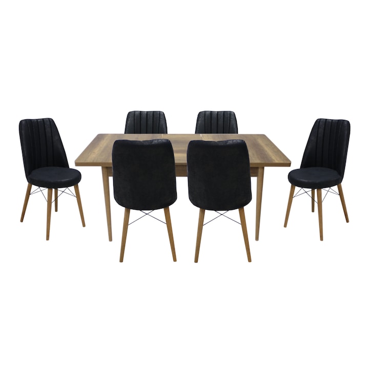 Set masa extensibila Aris Nuc cu 6 scaune Apollo, dreptunghiulara, blat din PAL laminat, picioare din lemn, tapiterie din material textil, nuc/negru, 130x78x80 cm