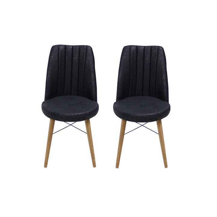 Set 2 scaune Apollo, cadru din metal, picioare de lemn, tapiterie din material textil, negru, 90x46 cm