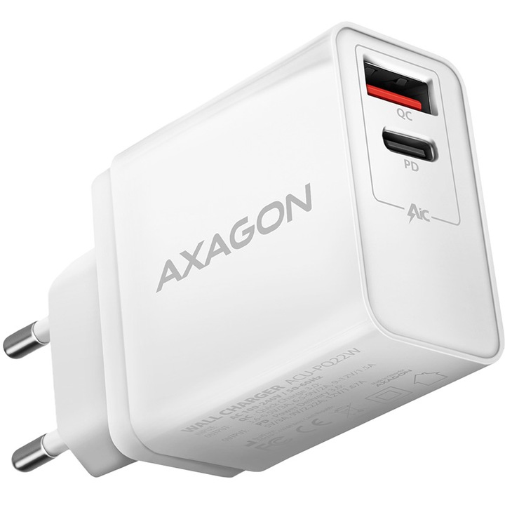 Мрежово зарядно Axagon ACU-PQ22W, Quick Charge 3.0, 3A, 22W обща мощност, Бяло