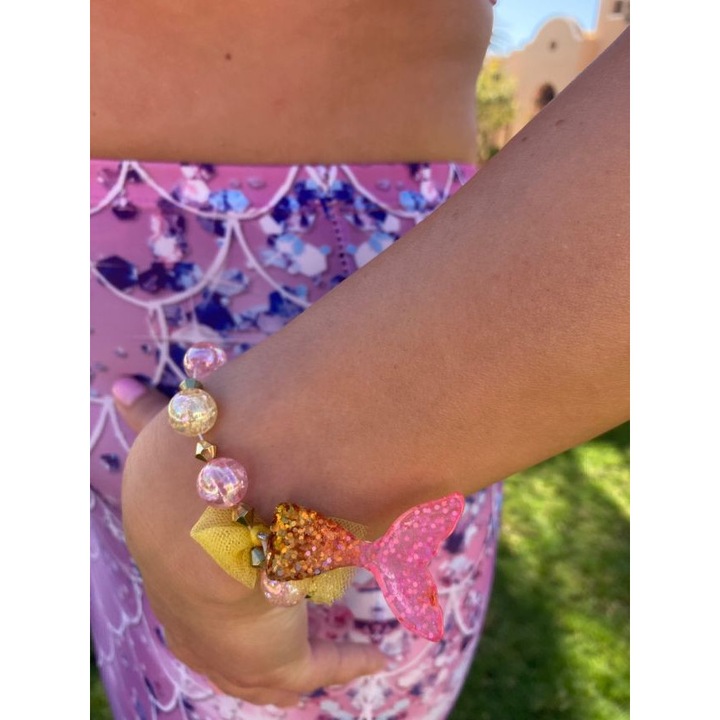 Set 7 piese Costum de baie Sirena THK®, coada sirena, bikini, top, colier, bratara, coronita si Inotatoarea pentru fixarea cozii, Albastru Caraibe