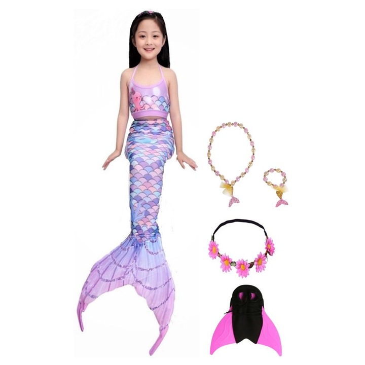 Set 7 piese Costum de baie Sirena THK®, coada sirena, bikini, top, colier, bratara, coronita si Inotatoarea pentru fixarea cozii, Roz deschis/Albastru