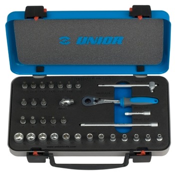 Trusa chei tubulare prindere de 1/4 inch Unior in cutie metalica, 4-14 mm / 33 piese Trusa chei tubulare prindere de 1/4 inch Unior in cutie metalica, 4-14 mm / 33 piese
