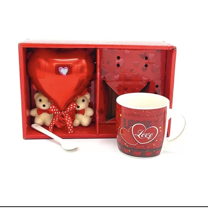 Set Cana Ceramica cu Lingurita, Ursuleti si Balon Inima, Love, 200 ml