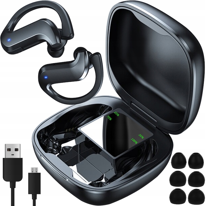 Bluetooth 5.0 слушалки Zola, зареждане с LED дисплей, power bank, 10 м обхват, зареждане чрез калъф или micro-USB кабел, черни