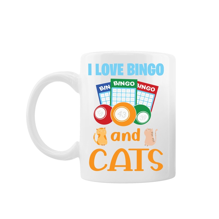 Kávés/teás bögre, Oktane, 330 ml, "Imádom a bingót és a macskákat", kerámia, fehér
