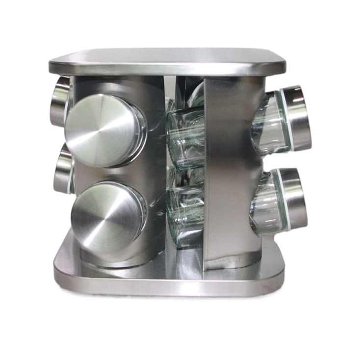 Комплект бурканчета за подправки на стойка Gerdani BG, 8 броя, квадрат, Сребрист