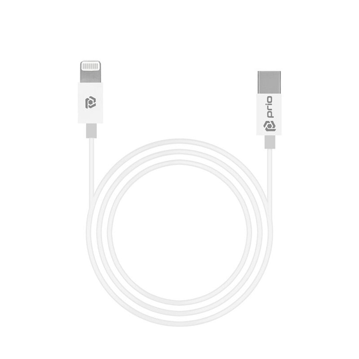 Кабел за данни и зареждане Prio, USB Type-C към Lightning, 480 Mbps, MFI сертифициран, 3A 18W, 1 m, бял