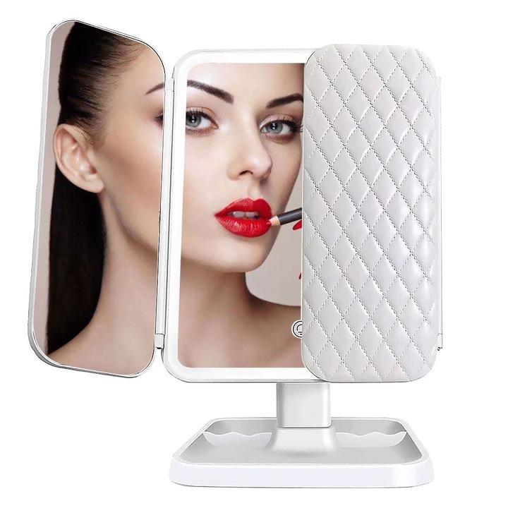 Oglinda Cosmetica pentru Machiaj cu 52 LED-uri cu Suport, Exterior din Piele, Alba, cu Incarcare USB, Autonomie 2 Ore