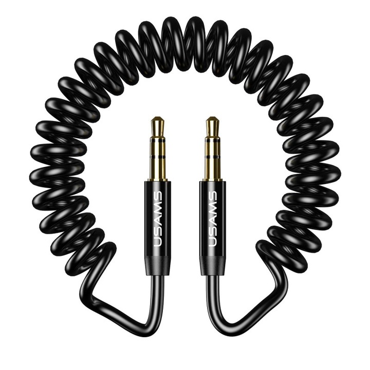 USAMS segédkábel, jack to jack, spirál modell, hossza 1,2 méter, fekete