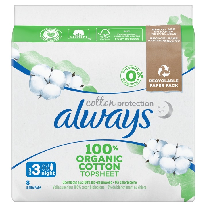 Absorbante Always Cotton Protection Night, Strat superior 100% Bumbac (Marimea 3), 8 buc