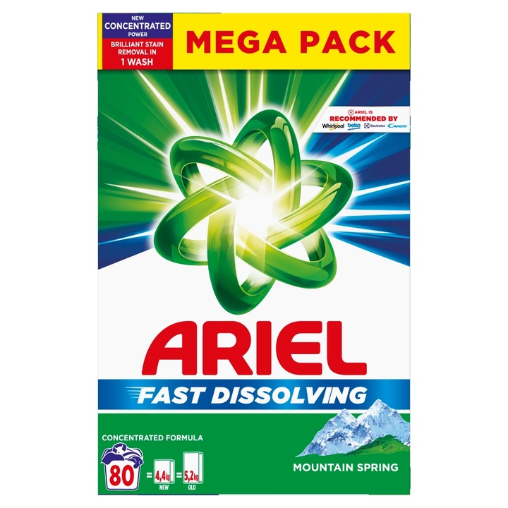 Прах за пране Ariel Mountain Spring, за 80 пранета, 4,4 кг