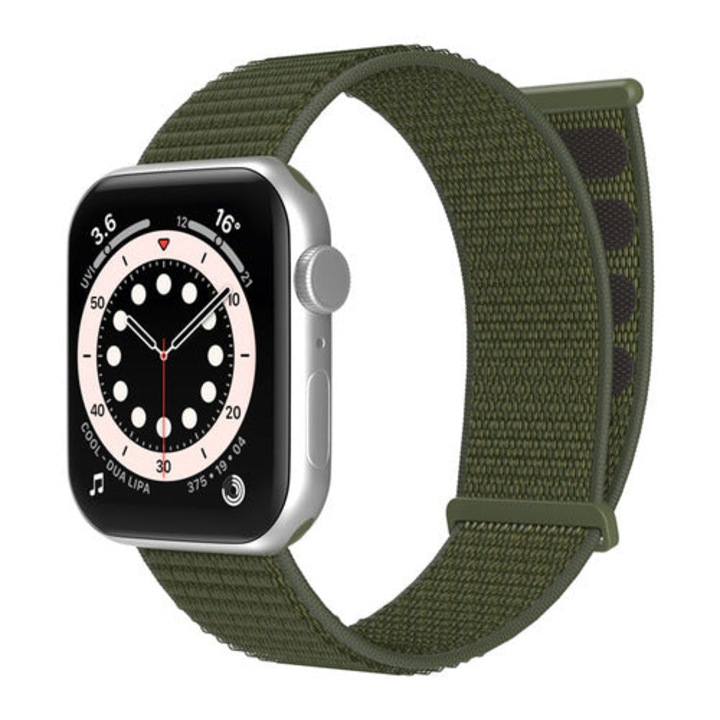 Curea Nylon CASEY STUDIOS™ pentru Apple Watch 38 / 40 / 41 MM - SE/8/7/6/5/4/3/2/1, Ajustabila, Respirabila, din Nailon, Material Textil, Verde inchis