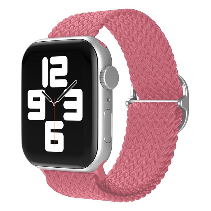 Curea Braided Loop compatibila cu Apple Watch SE3/SE2/SE/11/10/9/8/7/6/5/4/3/2/1 - 38/40/41/42MM CASEY STUDIOS™, Ajustabila, Premium, Elastica, Usor de Montat, Roz