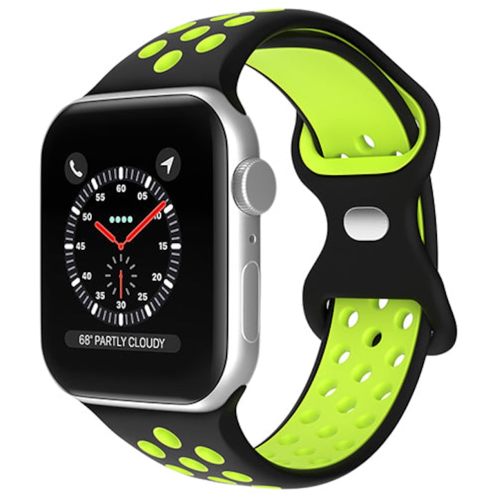 Перфорирана силиконова каишка CASEY STUDIOS™ за Apple Watch Series 1/2/3/4/5/6/7/8/SE, Nike+, Sport, Adjustable, Soft Touch Silicone, Display 38, 40, 41MM, Black Green