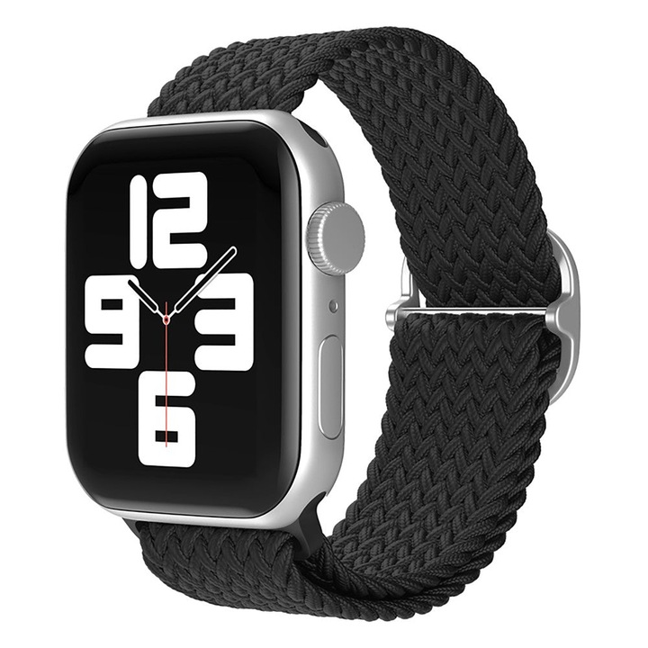 Curea Braided Loop compatibila cu Apple Watch Ultra3/Ultra 2/Ultra/SE3/SE2/SE/11/10/9/8/7/6/5/4/3/2/1 - 42/44/45/46/49MM CASEY STUDIOS™, Ajustabila, Premium, Elastica, Usor de Montat, Negru