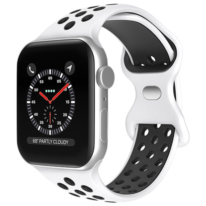 CASEY STUDIOS™ Perforált szilikon szíj, Apple Watch 1/2/3/4/5/6/7/SE kompatibilis, állítható, Nike+, Sport, Kellemes tapintású szilikon, 42/44/45/49 MM kijelző, Fehér Fekete
