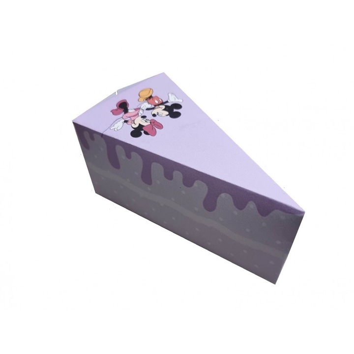 Кутия от картон с форма на парче торта, С възможност за персонализация, 160 гр., С Мини и Мики Маус, Лилава, 12 х 7 х 5 см