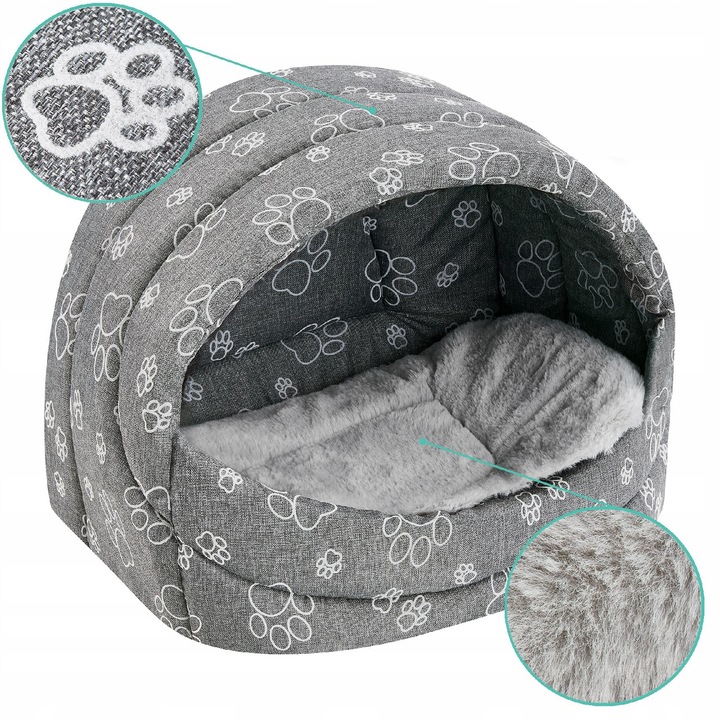 Culcus caini si pisici, Gri, impermeabil, casuta 61x41x45 cm, perna detasabila, rezistenta si confortabila, Pat caini talie mare, SuperKissen24