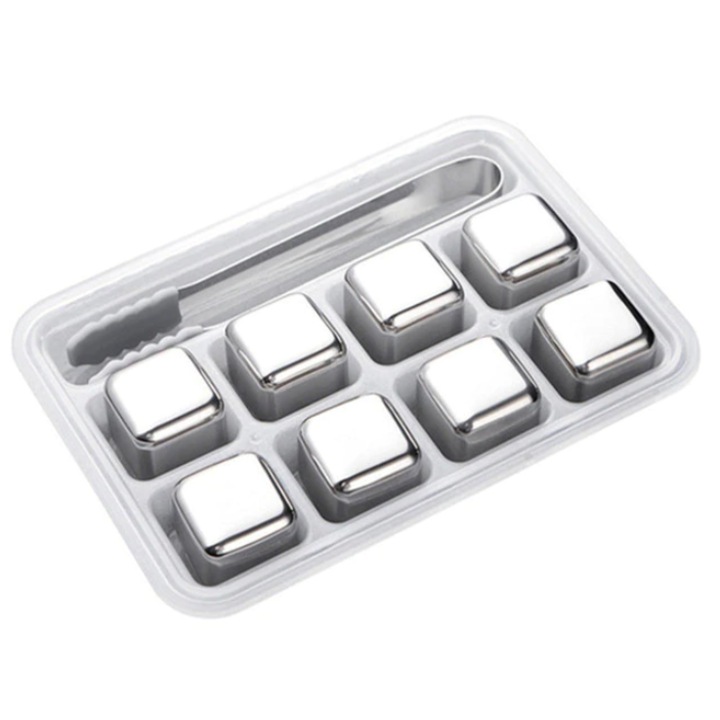 Doboz 8 jégkockával és fogóval, Négyzet alakú, CRT, Max Ice, Újrafelhasználható, Rozsdamentes acél 304