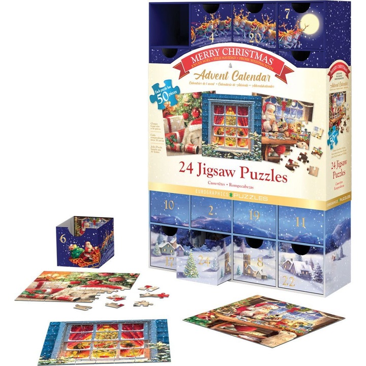 Puzzle Merry Christmas, Eurographics, Tip calendar de advent, 24 x 50 piese, 3 ani+, Multicolor