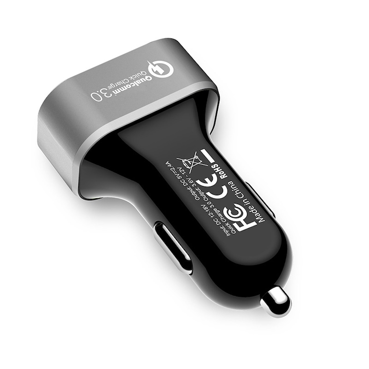 Autós töltő, Crong, 30 W, USB QuickCharge 3.0 + USB 2.4A, szürke