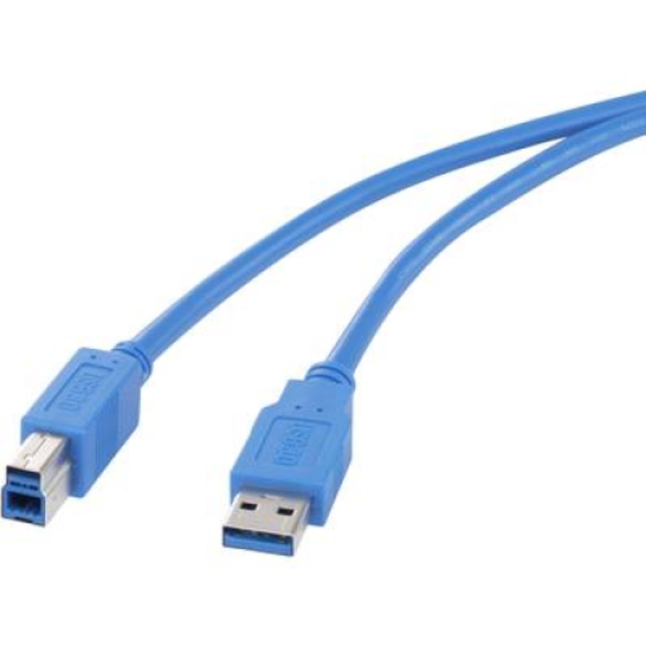 Кабел USB 3.0 Renkforce, свързващ, 1x USB 3.0 щепсел A - 1x USB 3.0 щепсел B, 1.8 m, син, позлатен