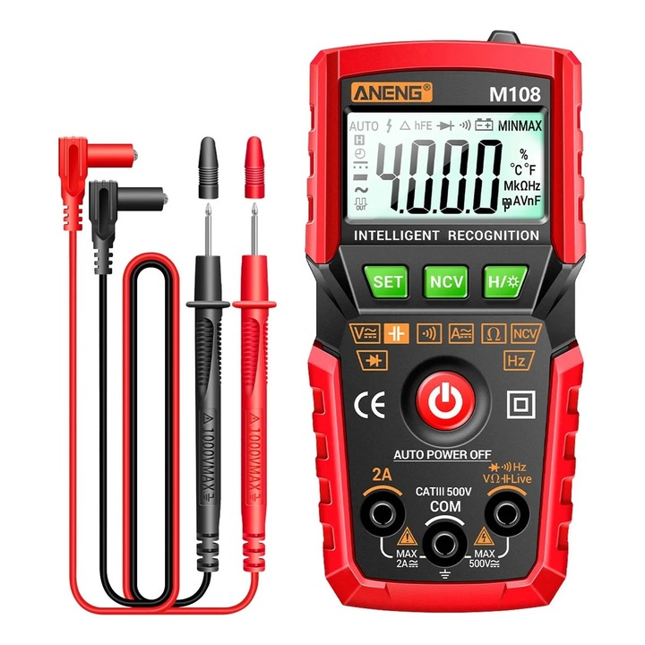 Мултицет ANENG M108, Anti-Shock Case, DC(V), DC(A), AC(V), AC(A), цифров, смарт, съпротивление, капацитет, честота, диоди, температура, NCV