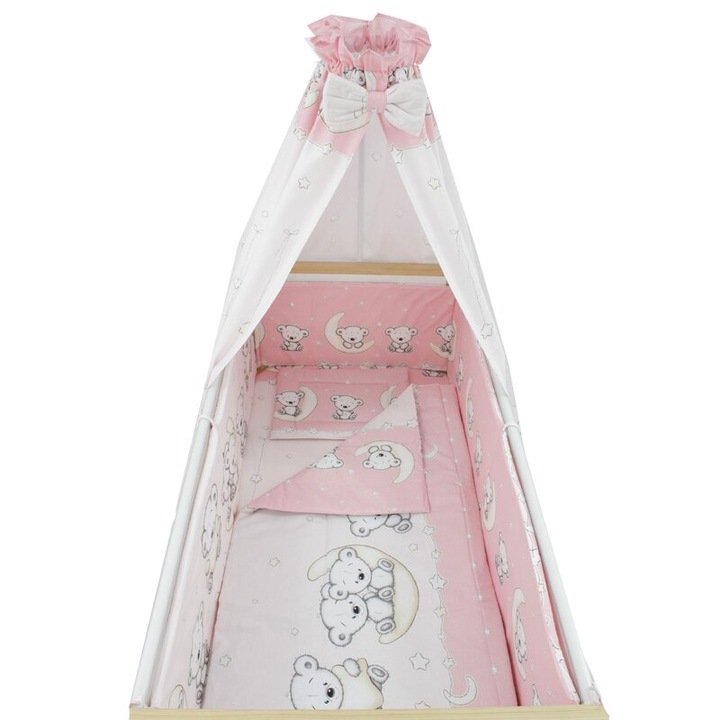 Lenjerie 6 piese, cu baldachin, Ursulet sir, roz, 140x70 cm