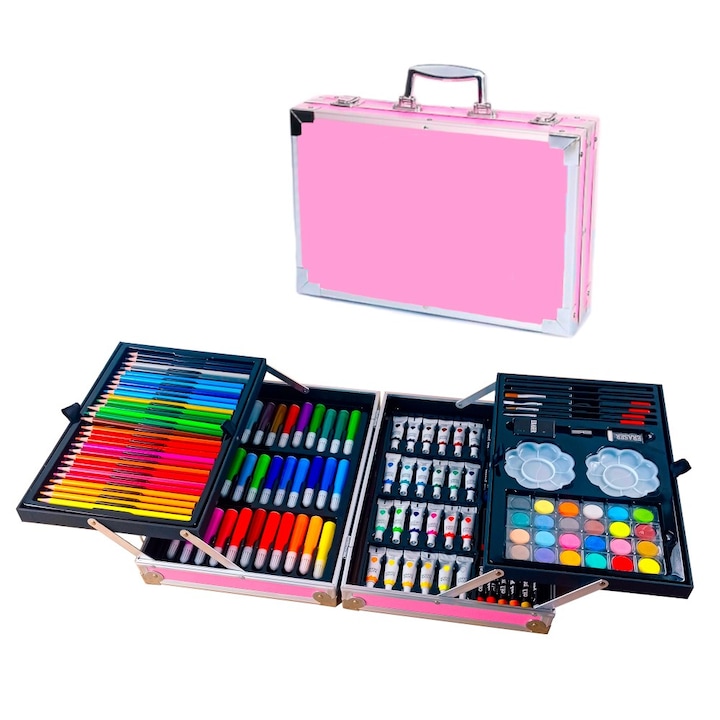Daro Festő és rajzkészlet gyerekeknek, 145 darabos, rózsaszín bőrönd formájú fémdobozban