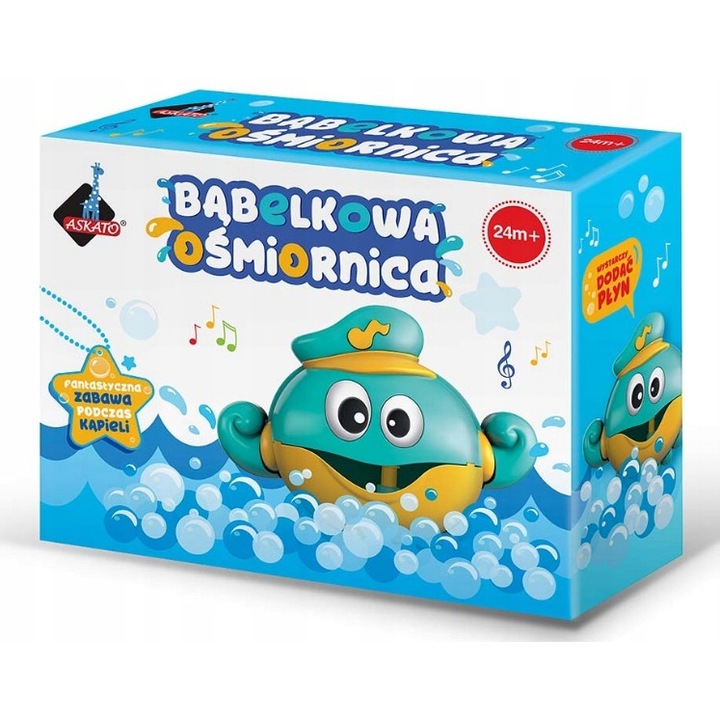 Fürdőjáték, Askato, Polip buborékokkal, Zene, 2 év+, Kék/Sárga