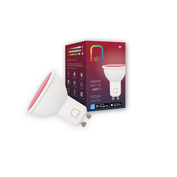 Bec LED RGBW inteligent Nita Smart NT01020, Wi-Fi, Bluetooth, dimabil, GU10, 5W (30W), 420 lm, lumina alba si colorata (2700K-6500K), clasa energetica F