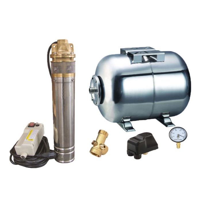 Kit complet sistem hidrofor, pompa submersibila Influent economic SKM 100/24, rezervor de 24 litri din inox, presostat, racord 5 cai, manometru