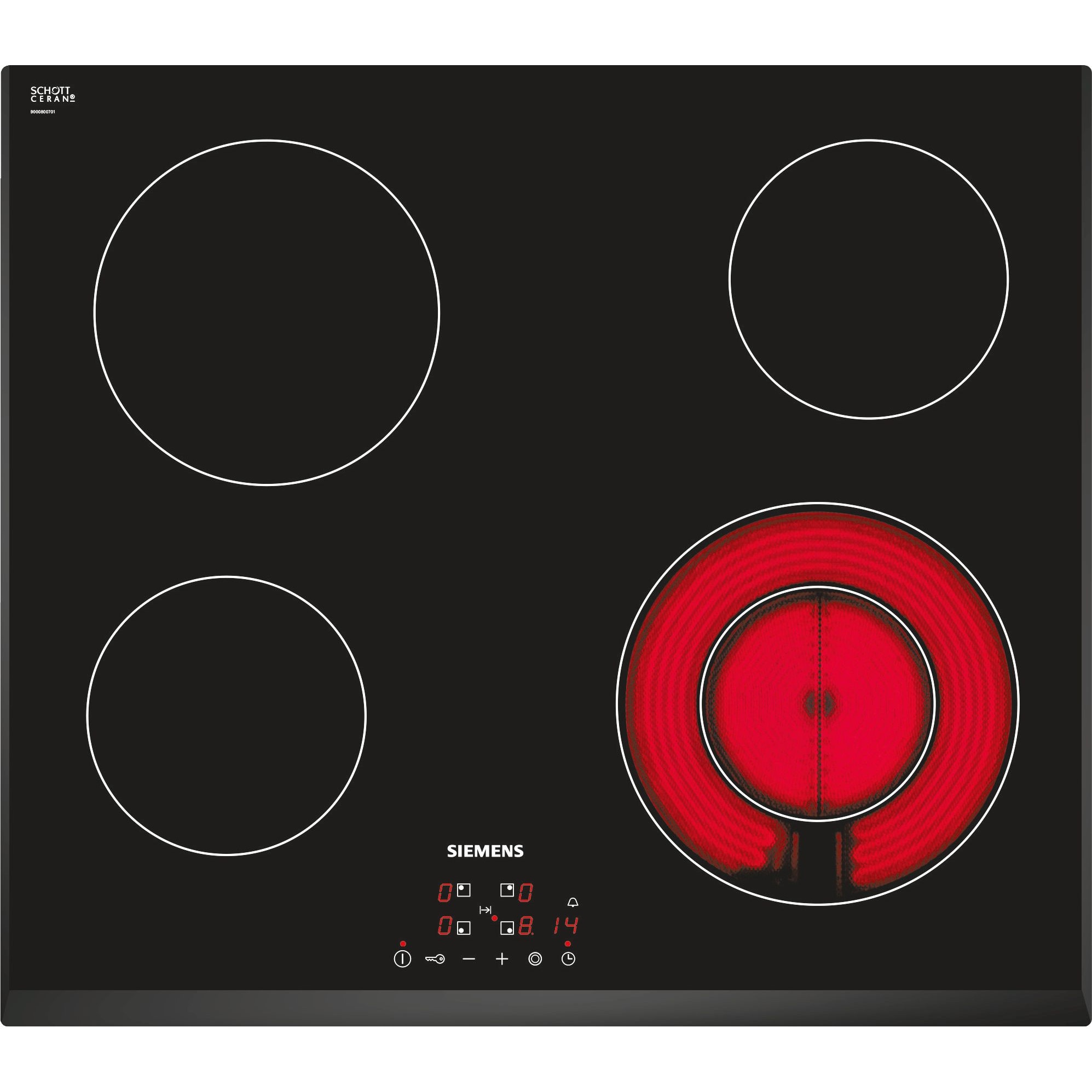 Plita vitroceramica radianta Siemens ET651BF17E, touchControl, 4 zone de gatit din care 1 zona cu dublu circuit, functie reStart, timer cu deconectare, Negru