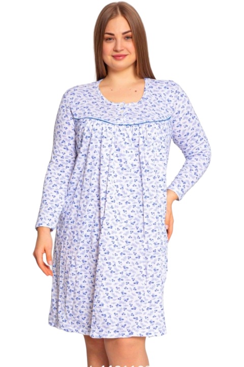 Camasa de noapte dama, StarFashion, vatuita, cu maneca lunga, 100%bumbac, Albastru