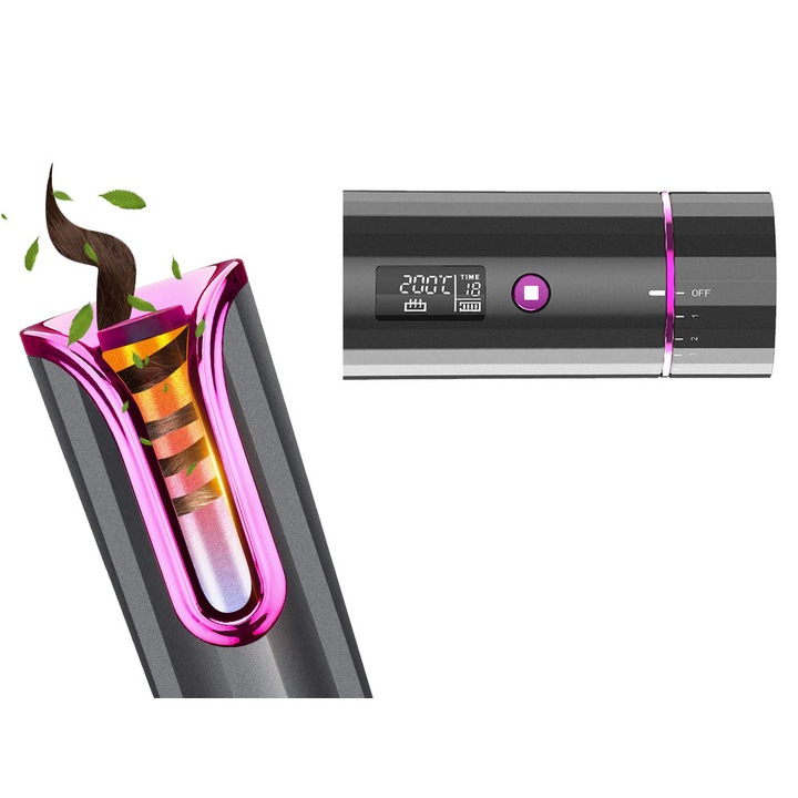 Ondulator de par automat, UBX, din ceramica, cu LCD rotativ, incalzire rapida, fara fir, alimentare reincarcabila, USB, indicator de temperatura, negru/mov