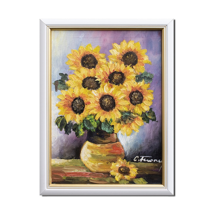 Tablou pictat manual inramat living, dormitor Artnova, Vaza cu floarea soarelui, 40x30cm ulei panza