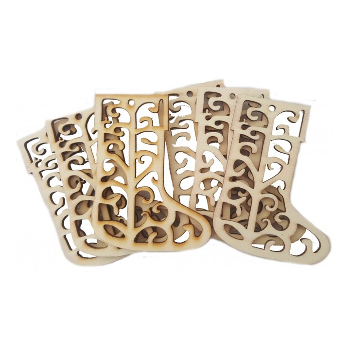 Accesorii creatie COLORARTE lemn decupat, ciorap Craciun cu model, 6 bucata/set