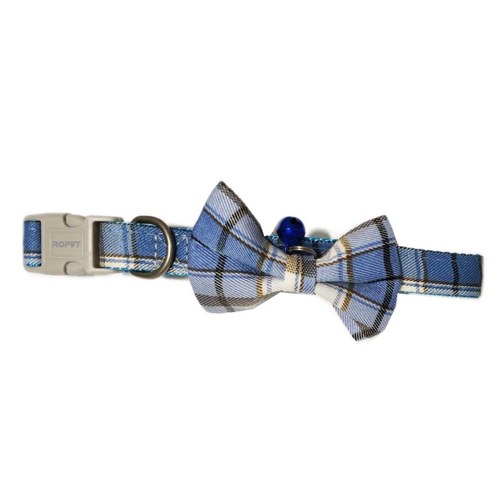 Zgarda cu Papion pentru caini, cu clopotel, 27-37cm/15mm, Albastru, Ropet