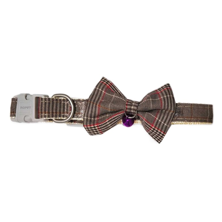 Zgarda cu Papion pentru caini, cu clopotel, 27-37cm/15mm, Maro, Ropet