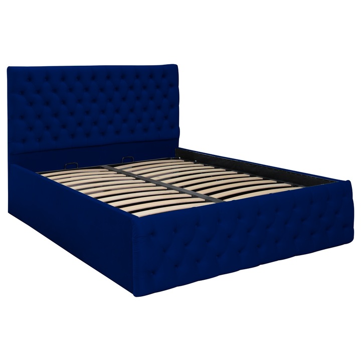 Pat dublu tapitat model Texas, 200/200cm, culoare bleumarin, cu somiera metalica rabatabila si spatiu de depozitare