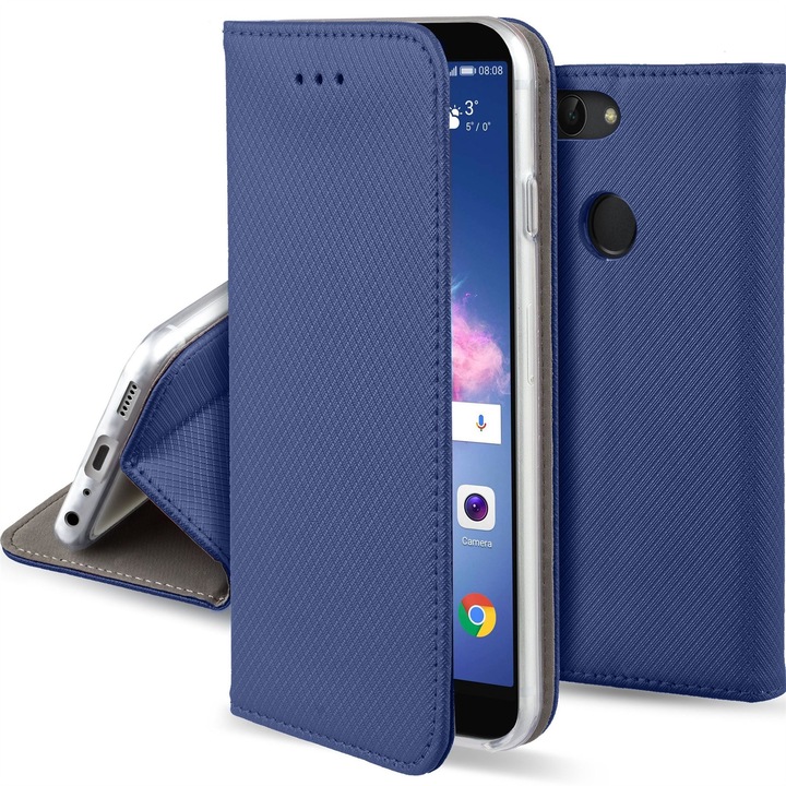 Telefontok, Moozy, Flip On, Huawei Enjoy 7S / P Smart (2017), sötétkék, ökológiai bőr