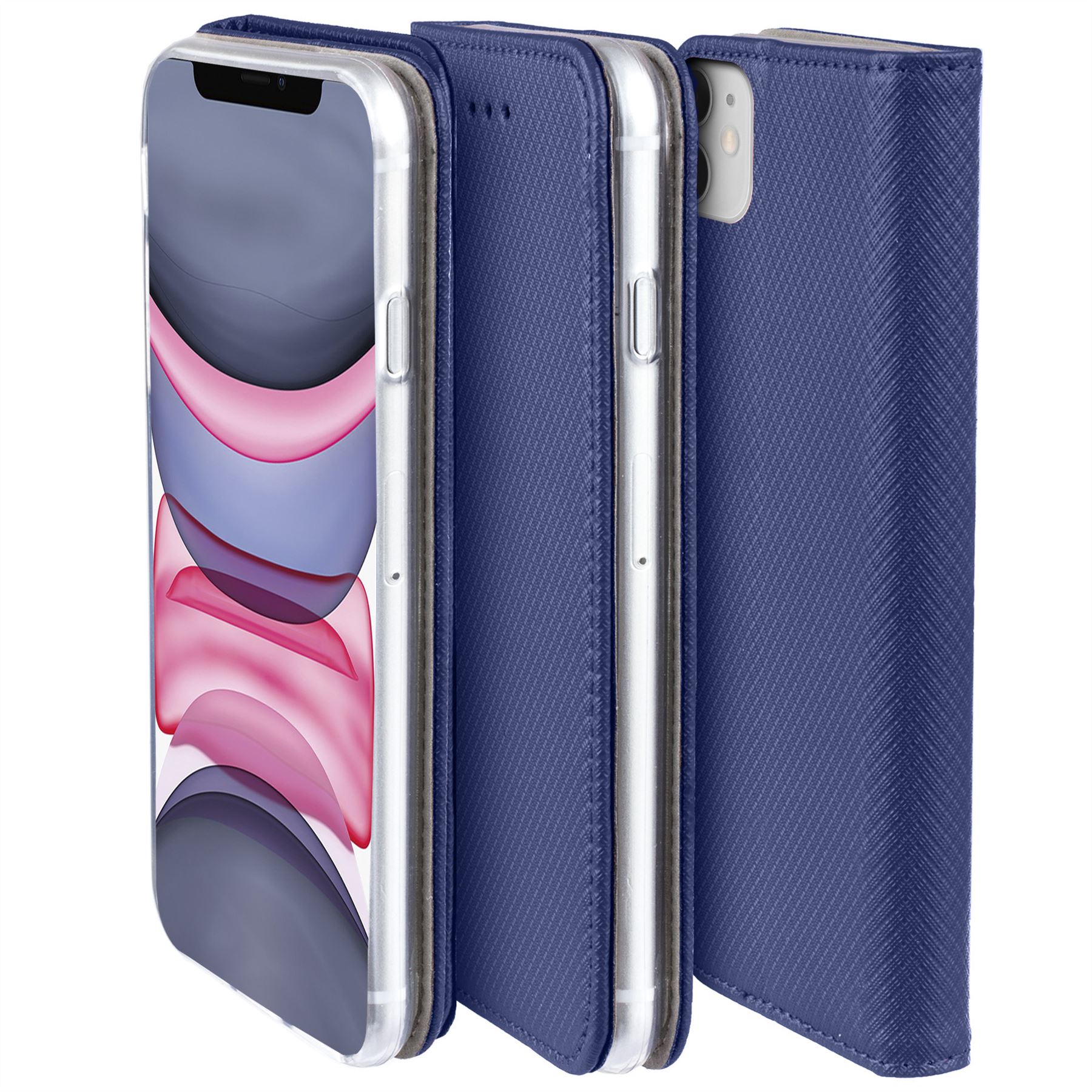 Husa pentru telefon, Moozy, Flip On, pentru Apple iPhone 11, Albastru inchis, Piele ecologica