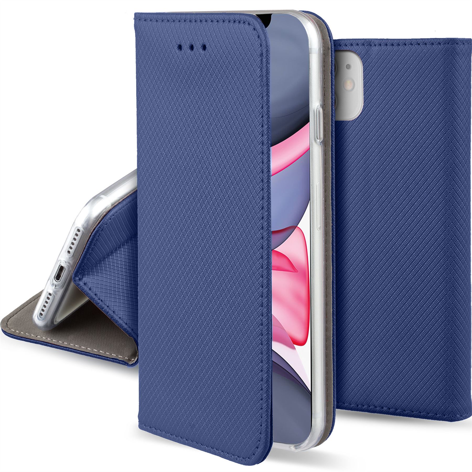 Husa pentru telefon, Moozy, Flip On, pentru Apple iPhone 11, Albastru inchis, Piele ecologica
