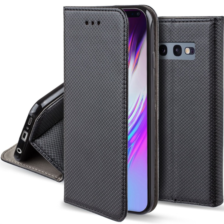 Husa pentru telefon, Moozy, Flip On, pentru Samsung Galaxy S10e, Negru, Piele ecologica
