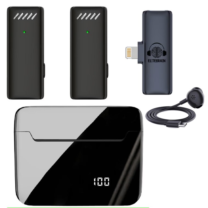Комплект от 2 микрофона Lavalier, за iPhone, ELITEBRAIN, защитен и зареждащ магнитен калъф с цифров дисплей и слушалки за наблюдение, Apple IOS, лъскаво черно