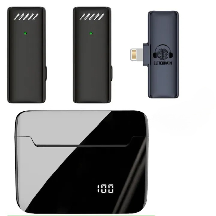 Set 2 Microfoane Lavaliera, Pentru iPhone, ELITEBRAIN, Carcasa Magnetica Protectie si Incarcarcare cu Afisaj, Apple IOS, Negru lucios