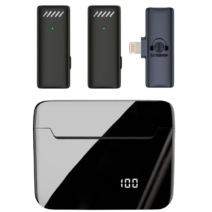 Set 2 Microfoane Lavaliera, Pentru iPhone, ELITEBRAIN, Carcasa Magnetica Protectie si Incarcarcare cu Afisaj Digital, Apple IOS, Negru lucios