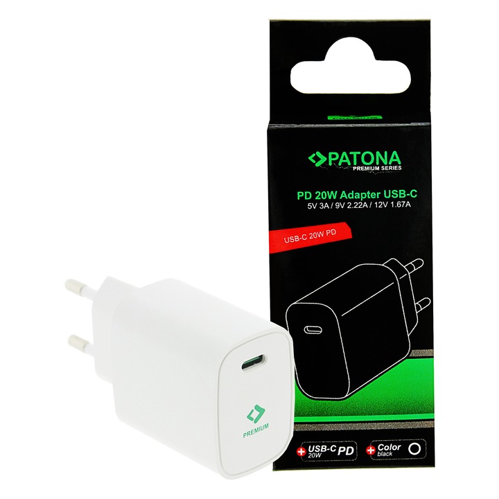 PATONA Premium PD20W hálózati töltő, USB-C PD3.0 QC3.0, Fehér