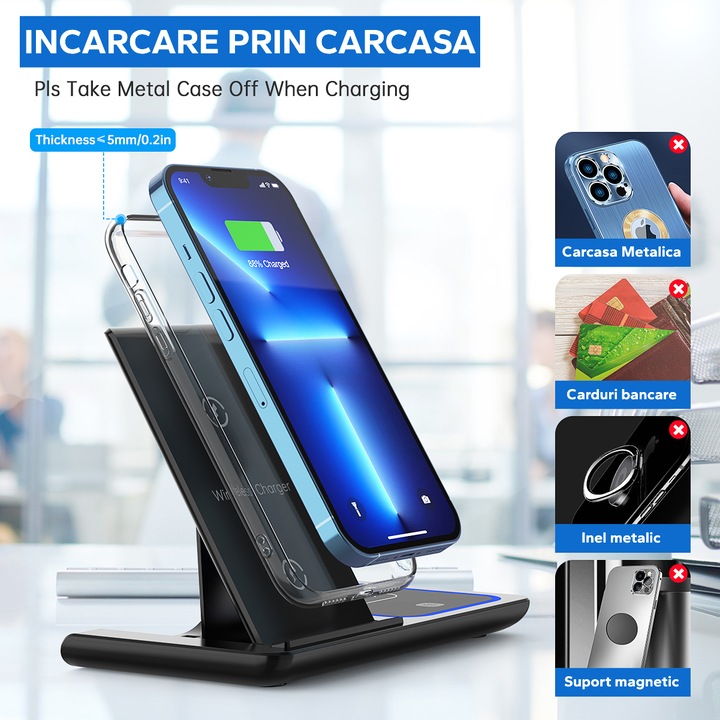 Vezeték nélküli töltőállomás 3 az 1-ben VALA QI, gyorstöltő 15 W gyorstöltés