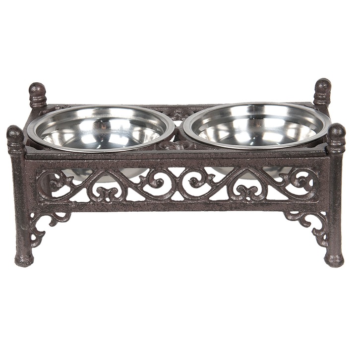 Bol dublu hranire animale fier maro 28x15x13 cm